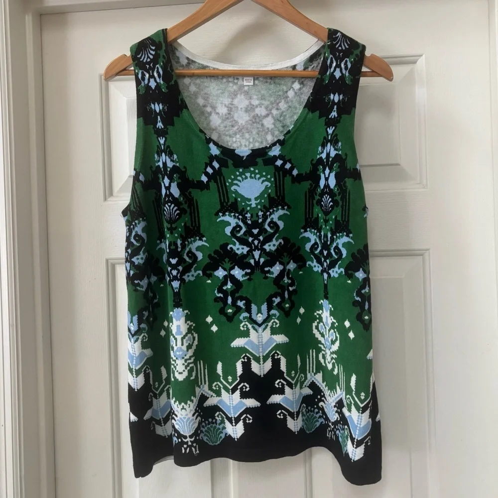 Chico’s Green Ikat Jacquard Linen Cotton Blend Sleeveless Tank Top Size 2 (L)